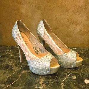 Sparkly Champagne Peep Toe Pumps